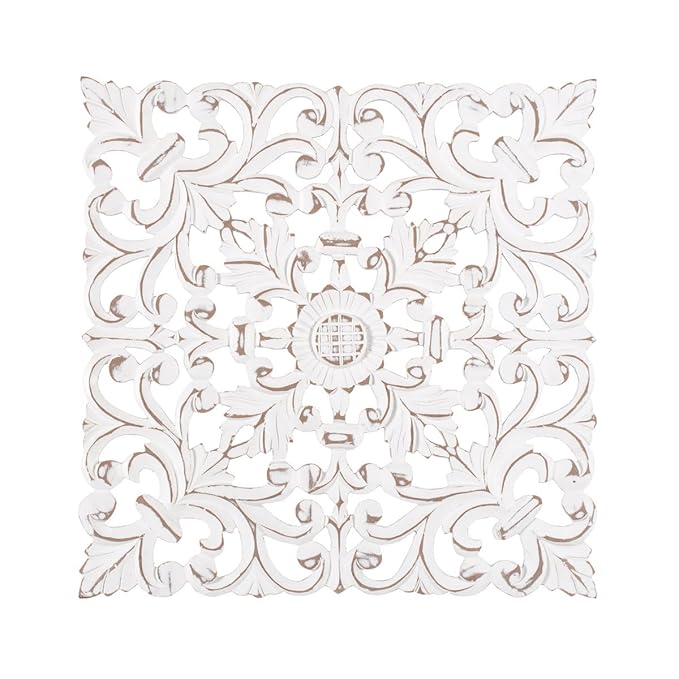 Urbane Crafts Handcrafted Wooden Wall Panels Set of 2 | Floral Medallion Design Decorative Wall Art | Antique White & Black Finish Home Décor Accent for Living Room, Bedroom & Hallway