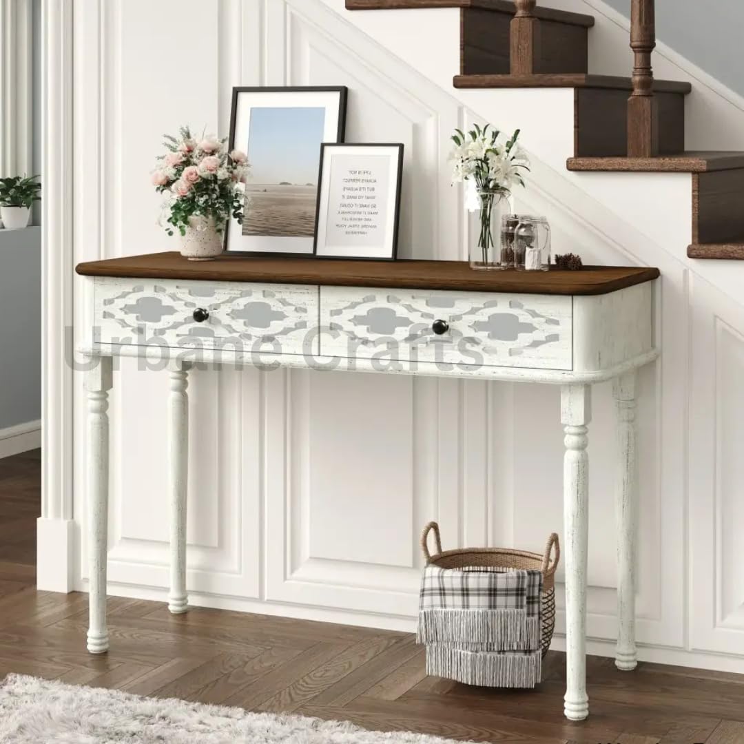 Urbane Crafts Wooden Carved Console Table in Solid Mango Wood with White Duco Finish for livingroom, Hall, enterway, Office Size 31 * 43 * 16 inch (Distress)