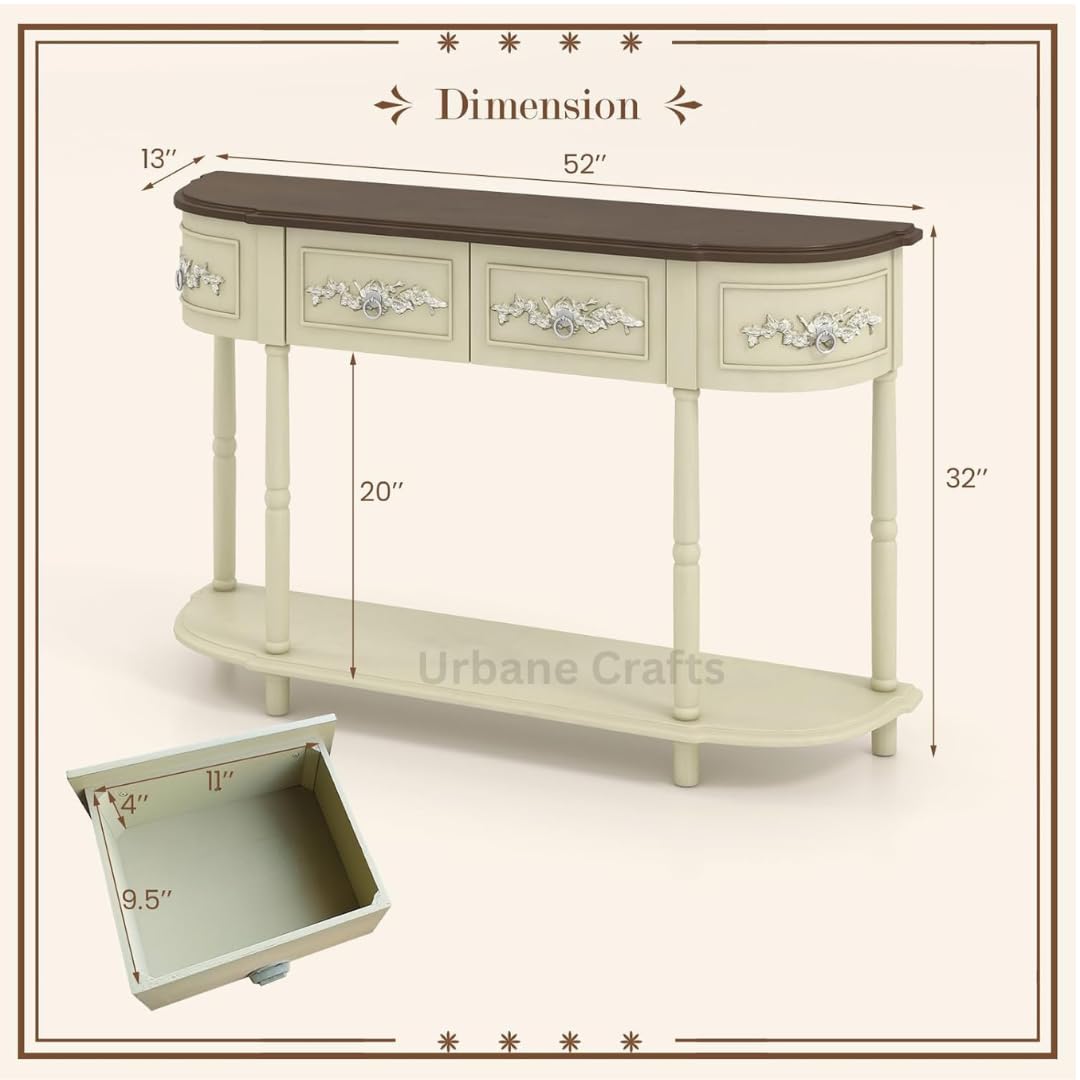 Urbane Crafts Retro Console with Drawers, 52" Long Narrow Sofa Table W/Open Shelf, Half-Moon Entryway Table with Storage, Solid Wood Legs, Vintage Entry Console for Living Room Hallway, Beige Color