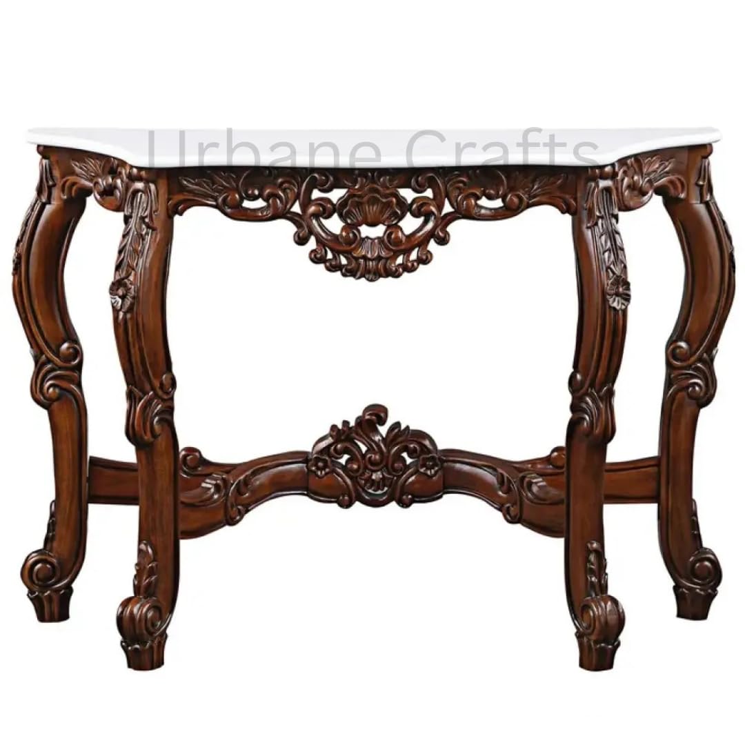 Urbane Crafts Wooden Carved Console Table | Solid Mango Wood, Walnut Brown | Decorative Table for Living Room, Hallway, Entryway, or Office | 48 x 34 x 15 Inches
