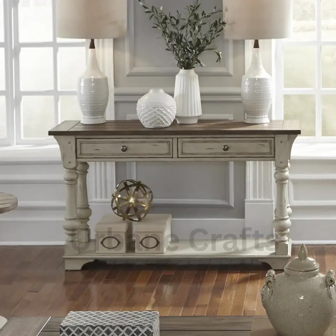 Urbane Crafts Wooden Carved Console Table | Solid Mango Wood, Antique White Distress | Decorative Table for Living Room, Hallway, Entryway, or Office | 52 x 30 x 16 Inches, White Deco