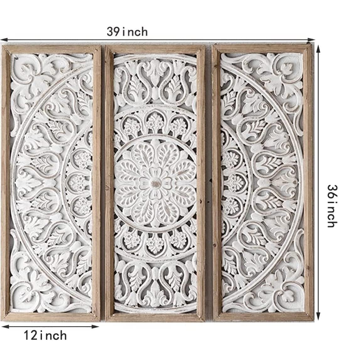 Urbane Crafts Wooden Wall Hanging Decorative Sculpture with Floral Carving Set of 3 Wall Decor for Internal Walls Antique Decor Rustic Look Wood Art for Home Kitchen Bedroom Bathroom Office Restaurant Library