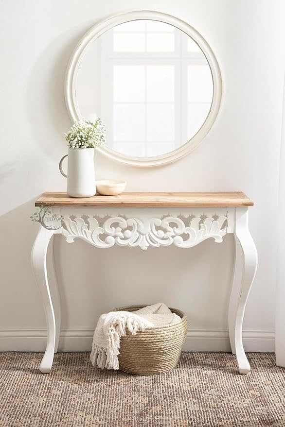 Click to see full view 3+ Urbane Crafts Wooden Carved Console Table in Solid Mango Wood with Antique White Distress Finish for livingroom, Hall, enterway, Office Size 30 * 36 * 15 inch (Distress)