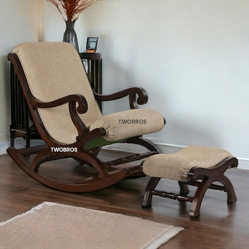 Handmade Wooden Rocking Chair/Relax Chair with Cushion Comfort and Footrest for Adults for Reading/Relaxing for Home (Sheesham Wood) (Off-White)