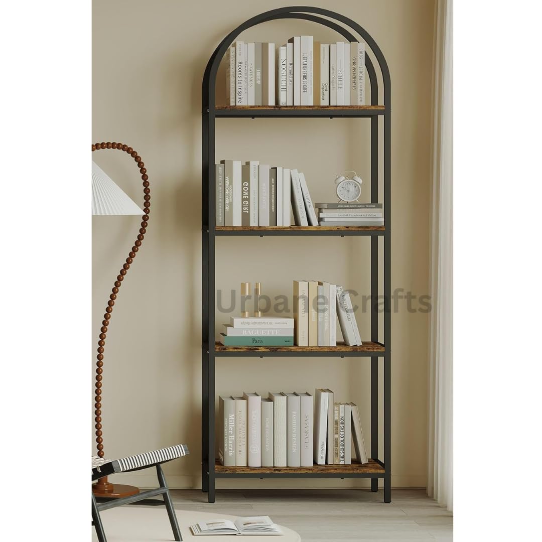Urbane Crafts Bookshelf Arched Bookcase, Industrial 4-Tier Open Book Shelves with Metal Frame, 72" Tall Freestanding Storage Display Rack for Home Office, Living Room (Rustic Brown, 4 Tier Arched)
