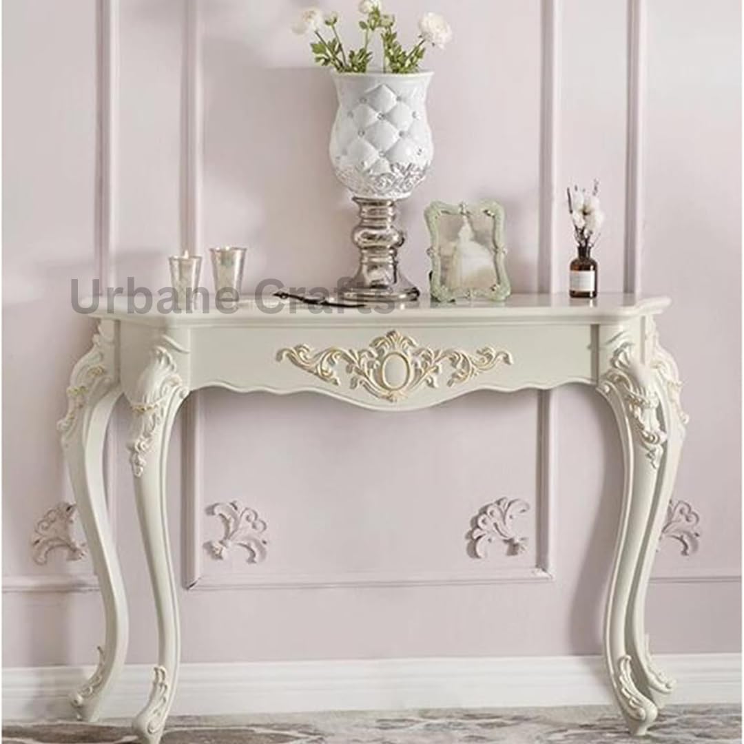 Urbane Crafts Wooden Carved Console Table | Solid Mango Wood, PU Finish | Decorative Table for Living Room, Hallway, Entryway, or Office | 48 x 30 x 15 Inches, White Deco