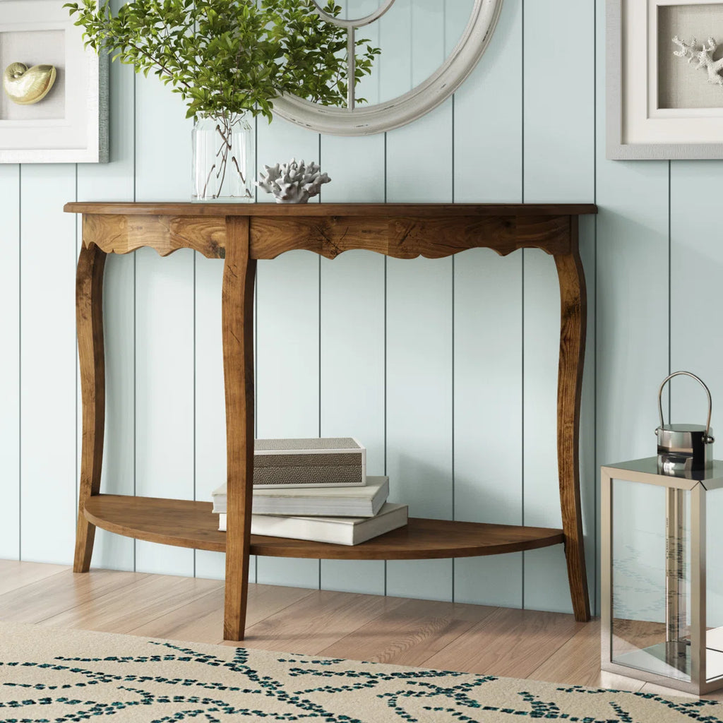 Urbane Crafts Solid Teak Wood Half-Moon Console Table – Vintage Demilune Entryway Table with Scalloped Apron and Storage Shelf