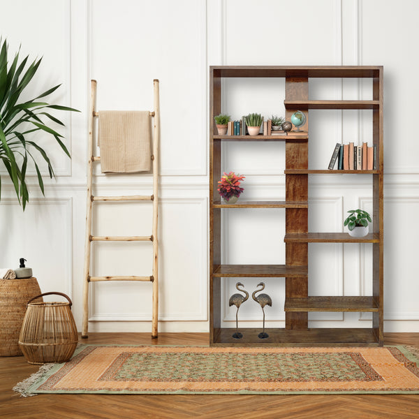 Handcrafted Solid Mango Wood Room Divider & Multi-Tier Display Bookshelf