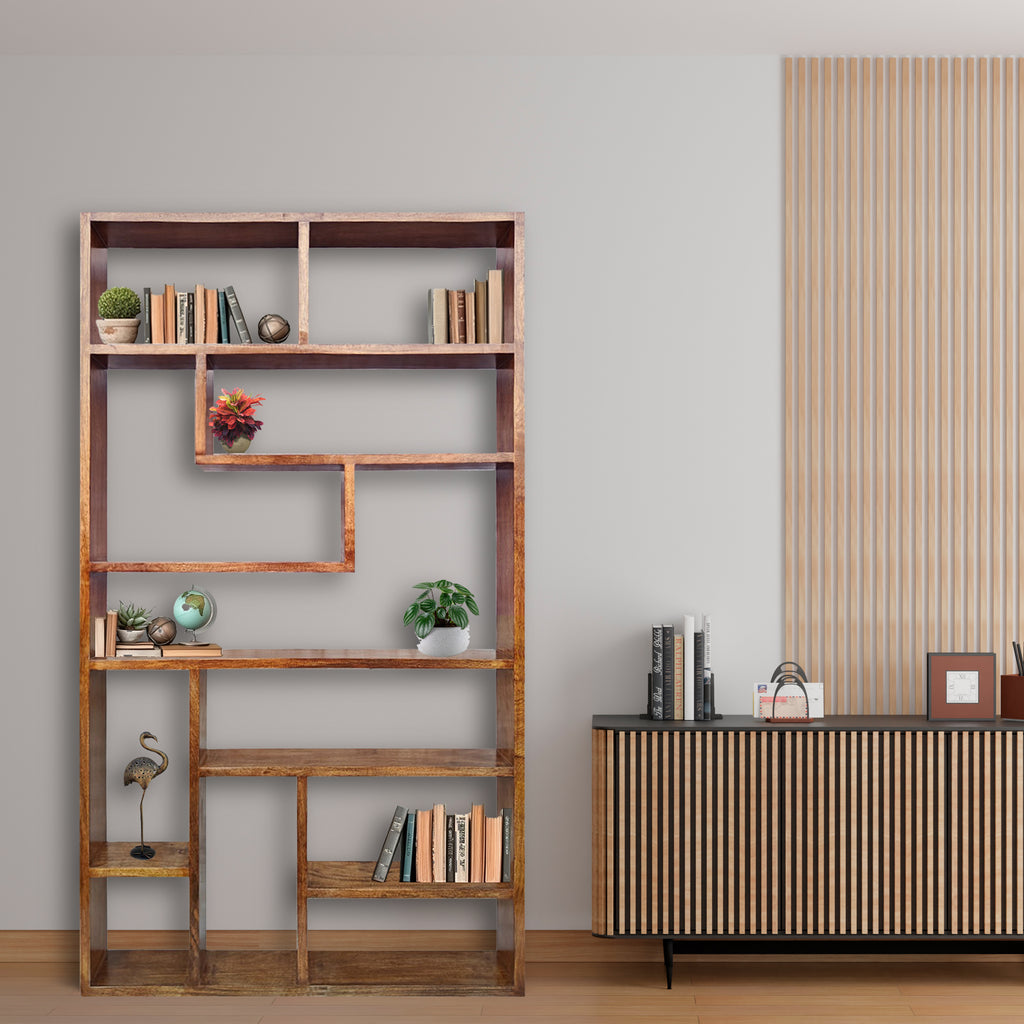 Urbane Crafts Handcrafted Solid Mango Wood Room Divider & Multi-Tier Display Bookshelf