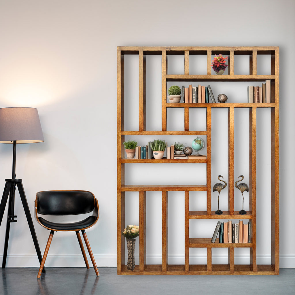 Handcrafted Solid Mango Wood Room Divider & Multi-Tier Display Bookshelf