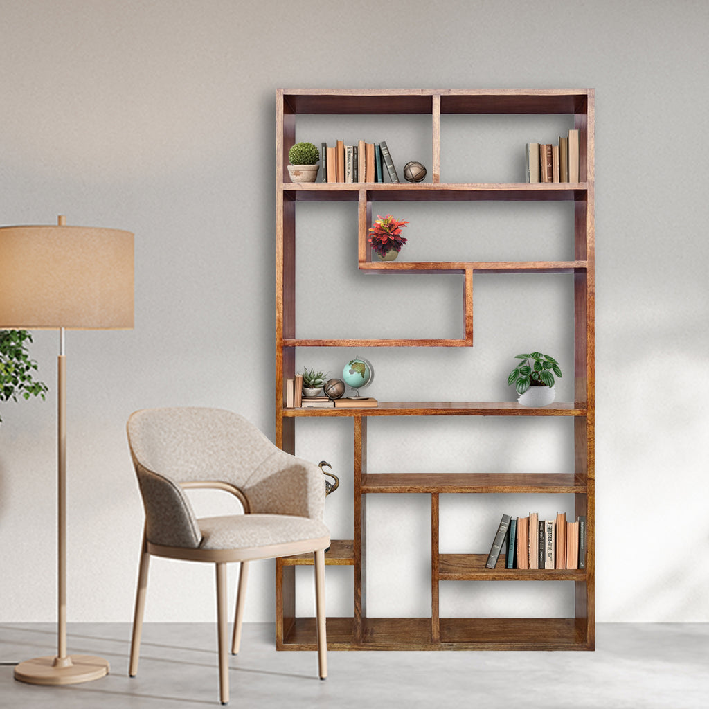 Urbane Crafts Handcrafted Solid Mango Wood Room Divider & Multi-Tier Display Bookshelf