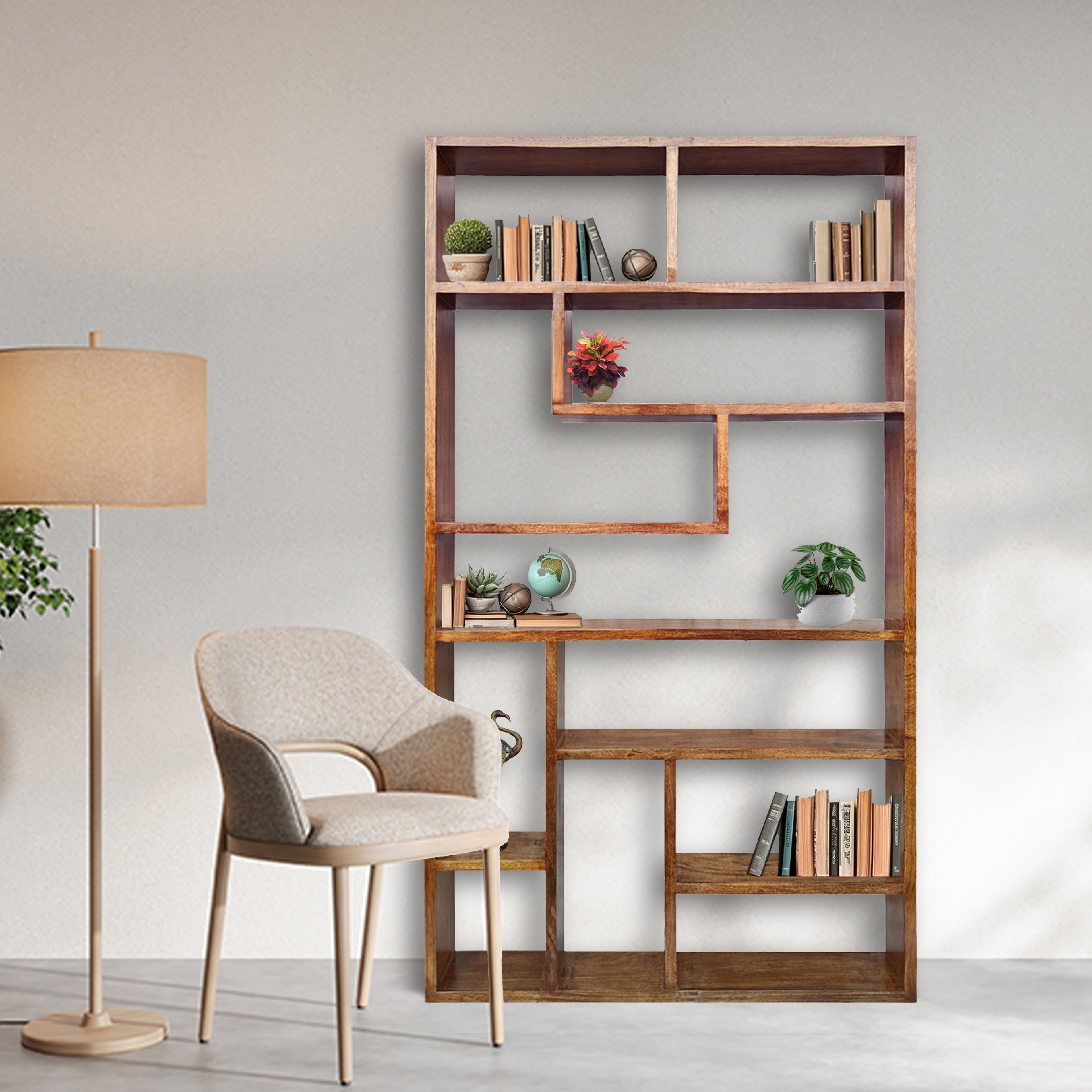 Urbane Crafts Handcrafted Solid Mango Wood Room Divider & Multi-Tier Display Bookshelf