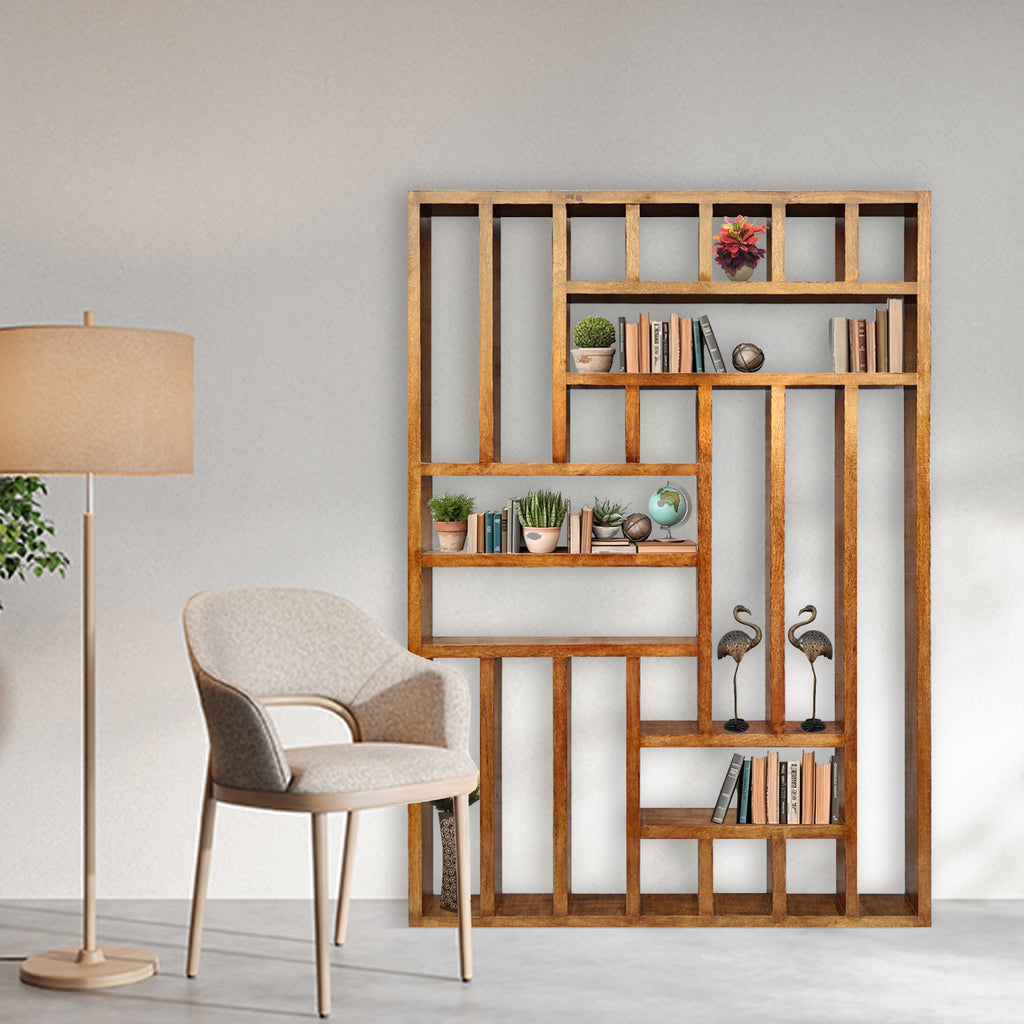 Handcrafted Solid Mango Wood Room Divider & Multi-Tier Display Bookshelf