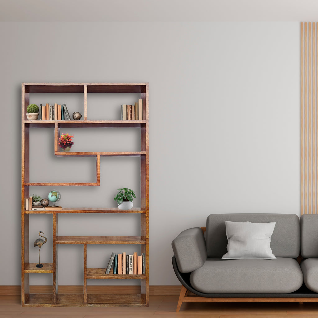 Urbane Crafts Handcrafted Solid Mango Wood Room Divider & Multi-Tier Display Bookshelf