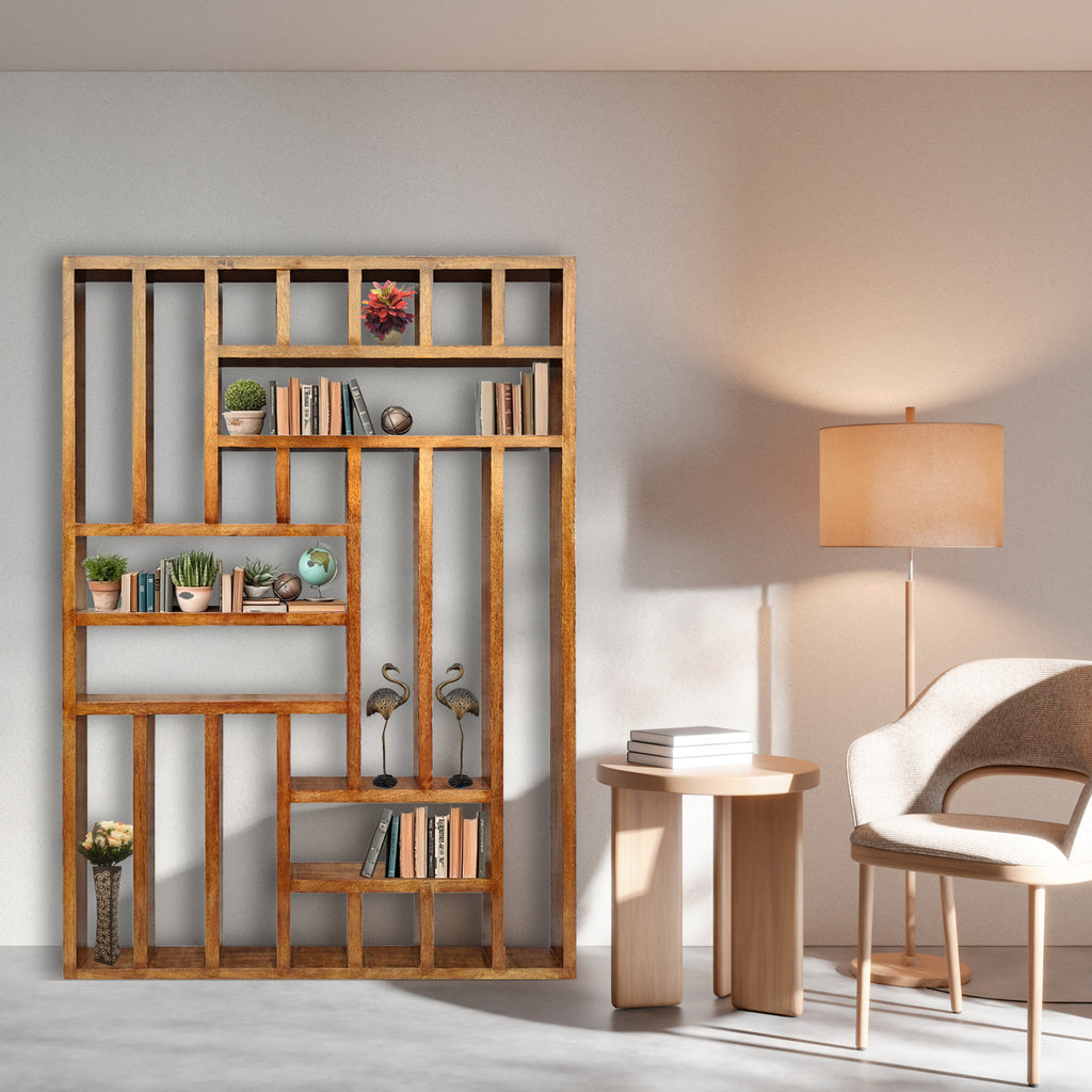 Handcrafted Solid Mango Wood Room Divider & Multi-Tier Display Bookshelf