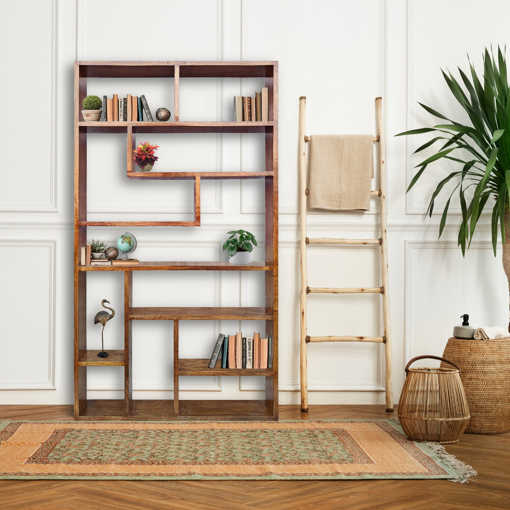 Urbane Crafts Handcrafted Solid Mango Wood Room Divider & Multi-Tier Display Bookshelf