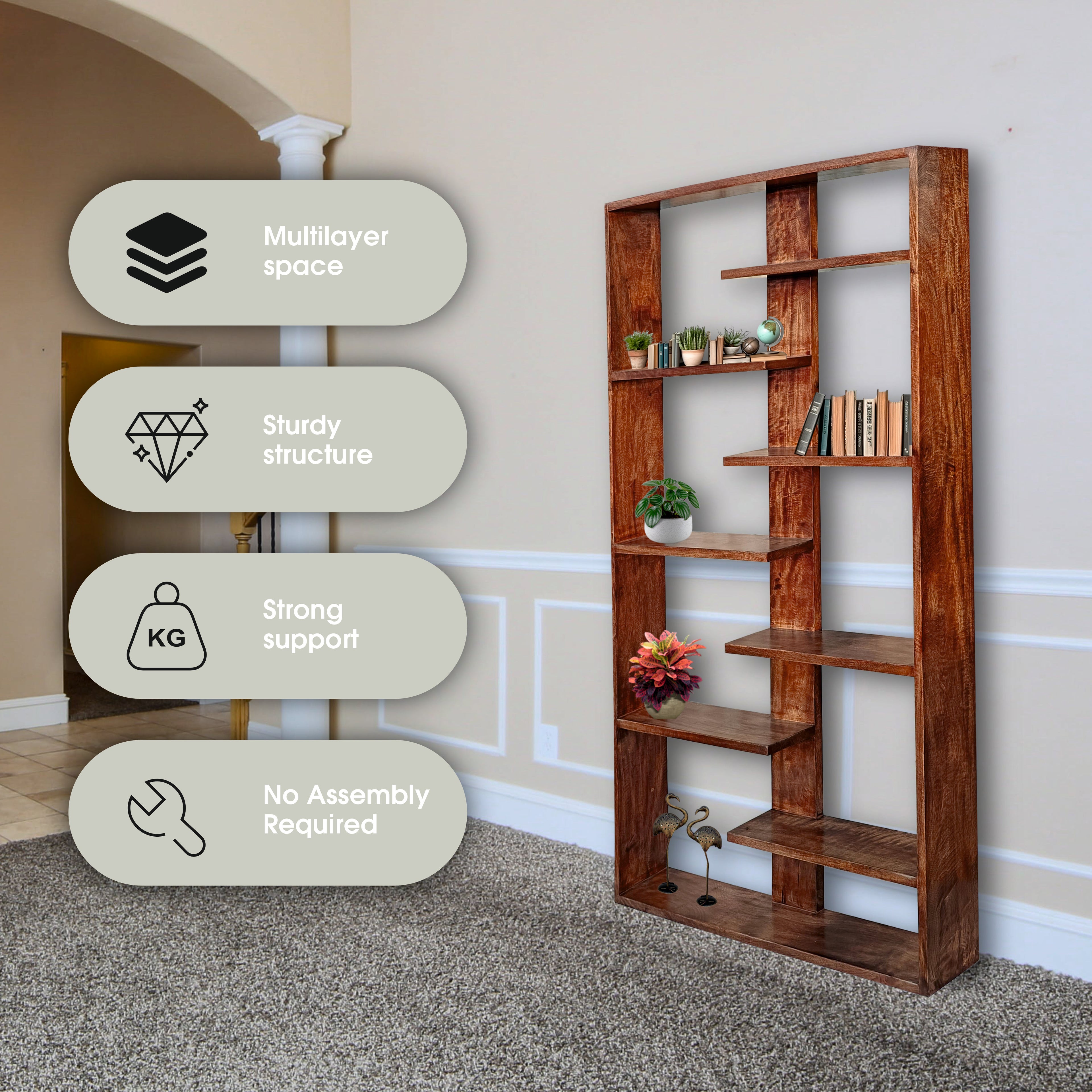 Handcrafted Solid Mango Wood Room Divider & Multi-Tier Display Bookshelf