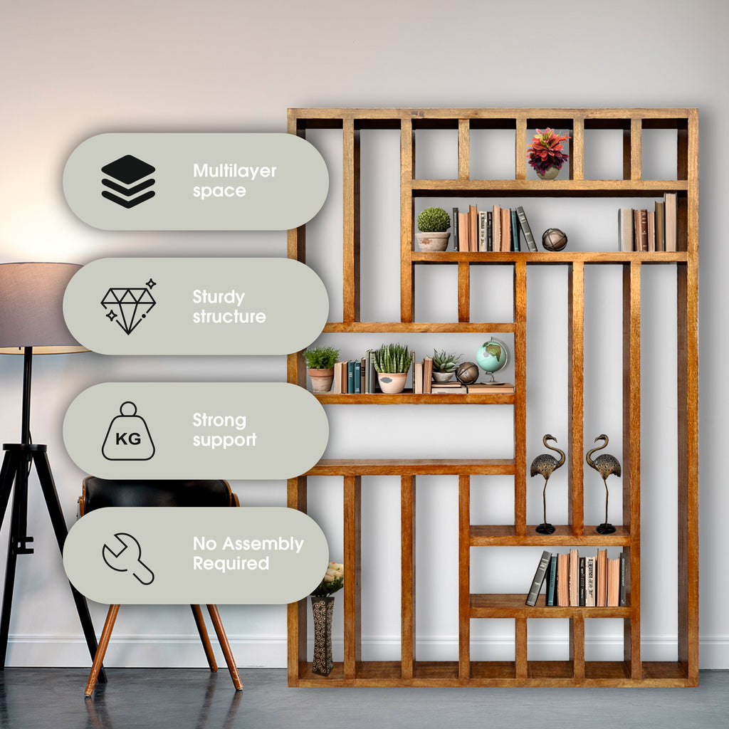 Handcrafted Solid Mango Wood Room Divider & Multi-Tier Display Bookshelf