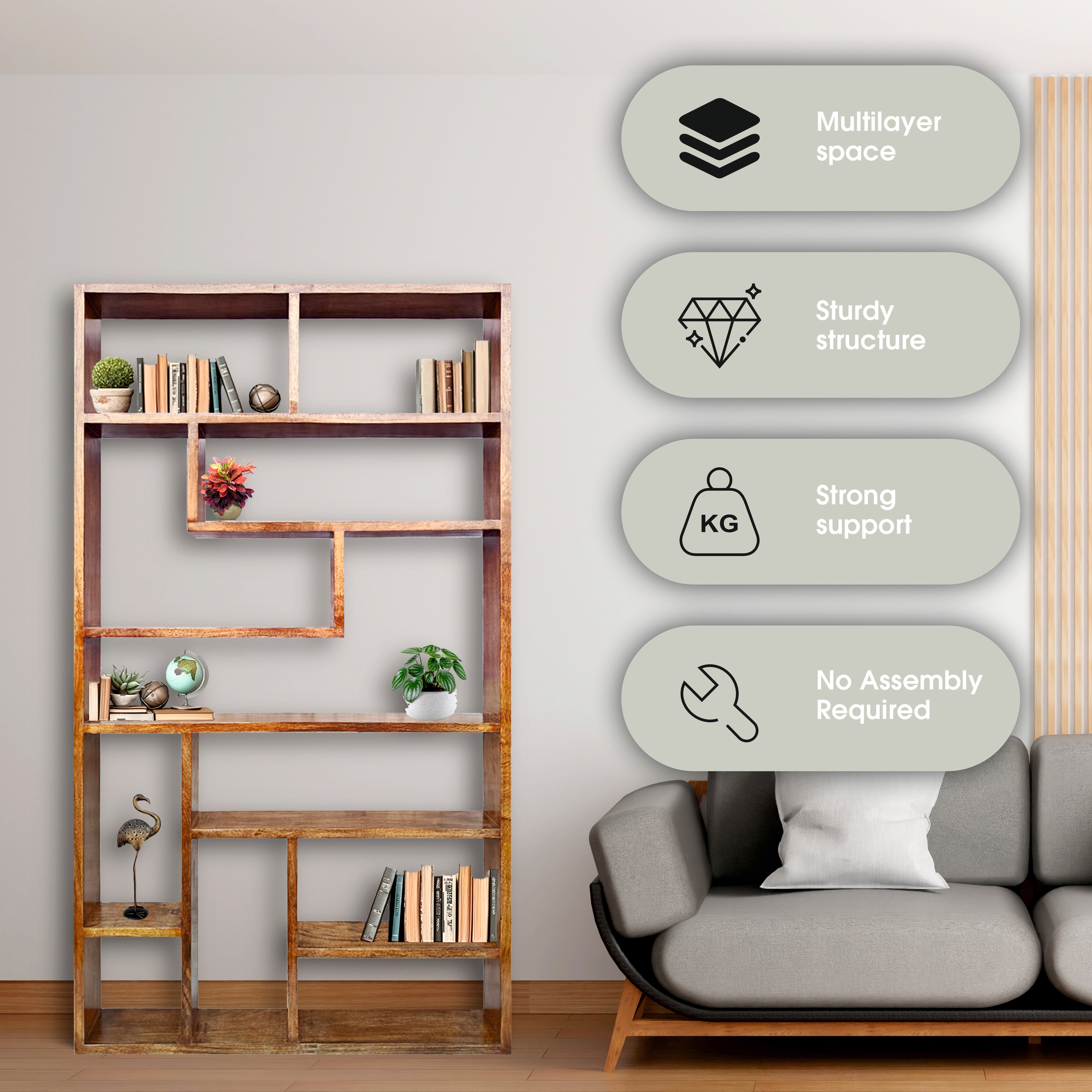 Urbane Crafts Handcrafted Solid Mango Wood Room Divider & Multi-Tier Display Bookshelf
