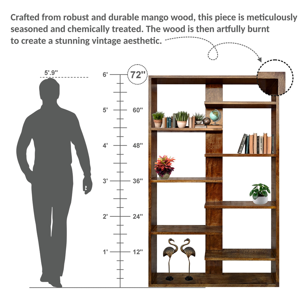 Handcrafted Solid Mango Wood Room Divider & Multi-Tier Display Bookshelf