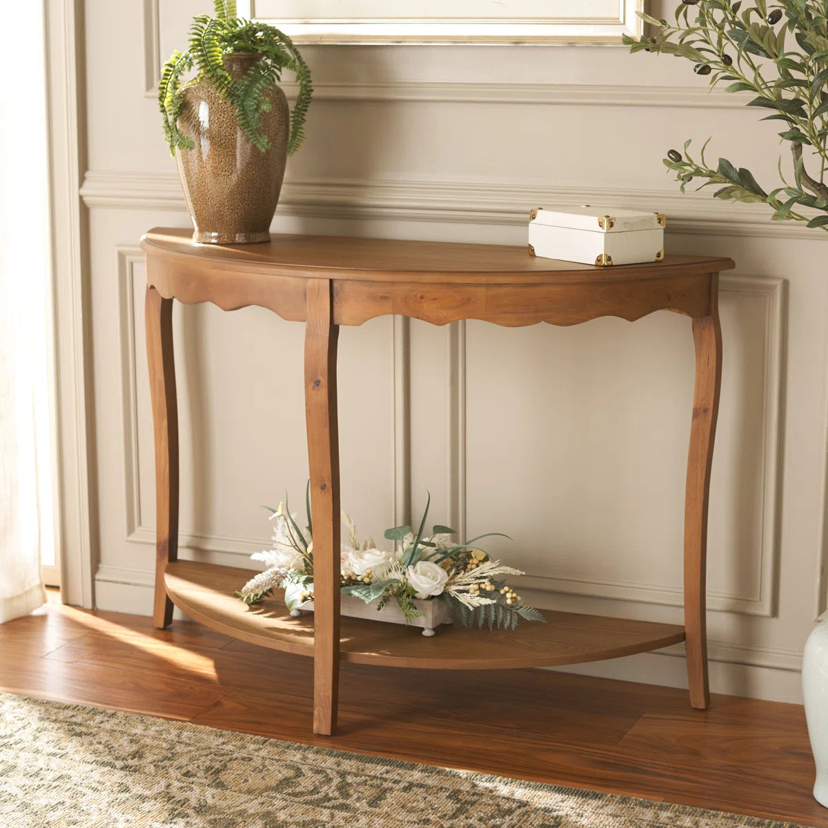 Urbane Crafts Solid Teak Wood Half-Moon Console Table – Vintage Demilune Entryway Table with Scalloped Apron and Storage Shelf