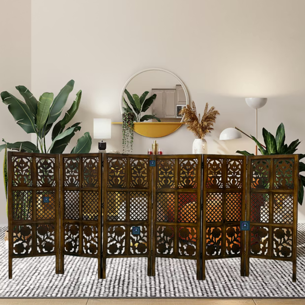 Handcrafted 6-Panel Wooden Room Divider Partition Screen (4 Ft Height) – Solid Mango Wood Frame with Carved MDF Floral & Jaali Work, Foldable Privacy Screen for Living Room, Bedroom & Office (Antique Walnut Brown Finish)