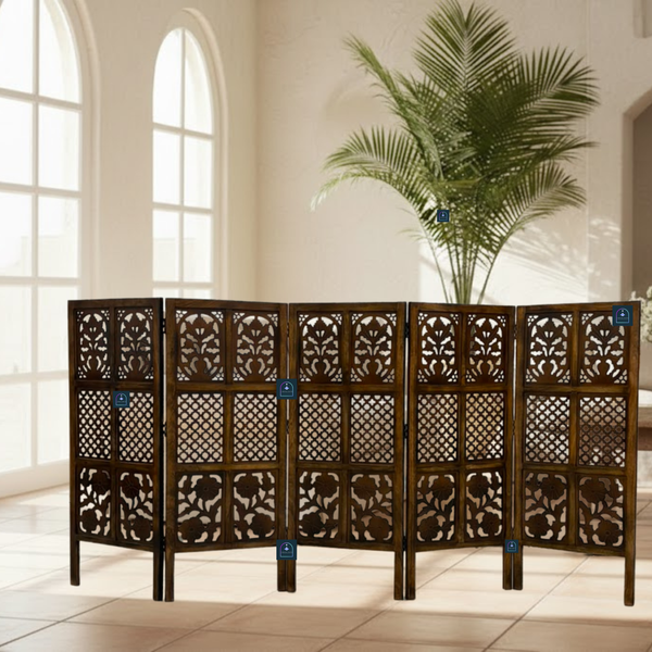 Urbane Crafts Handcrafted 5 Panel Wooden Room Divider (4 Ft Height) – Hand Carved Solid Wood Folding Partition Screen & Low Profile Room Separator for Living Room, Home Office & Bedroom