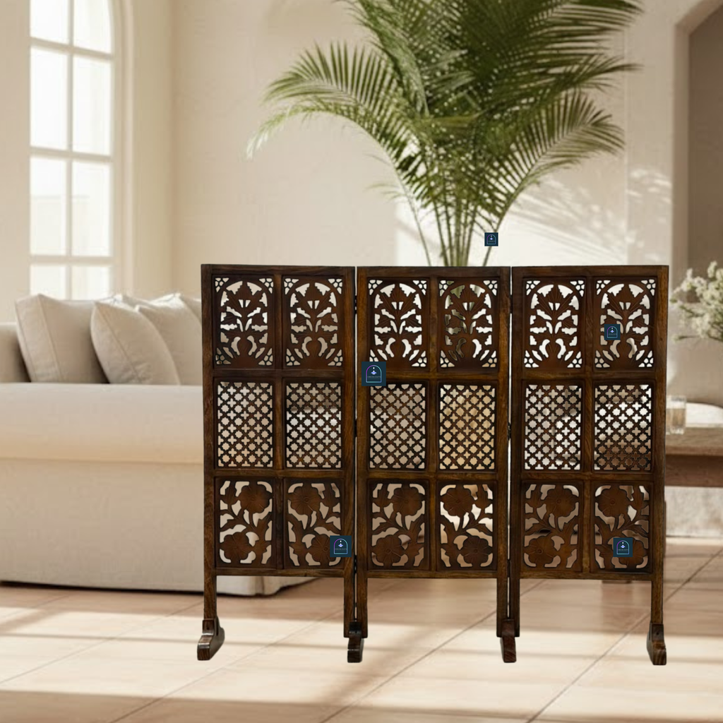 Urbane Crafts Handcrafted 3 Panel Wooden Room Divider (4 Ft Height) – Hand Carved Solid Wood Folding Partition Screen & Low Profile Room Separator for Living Room, Home Office & Bedroom