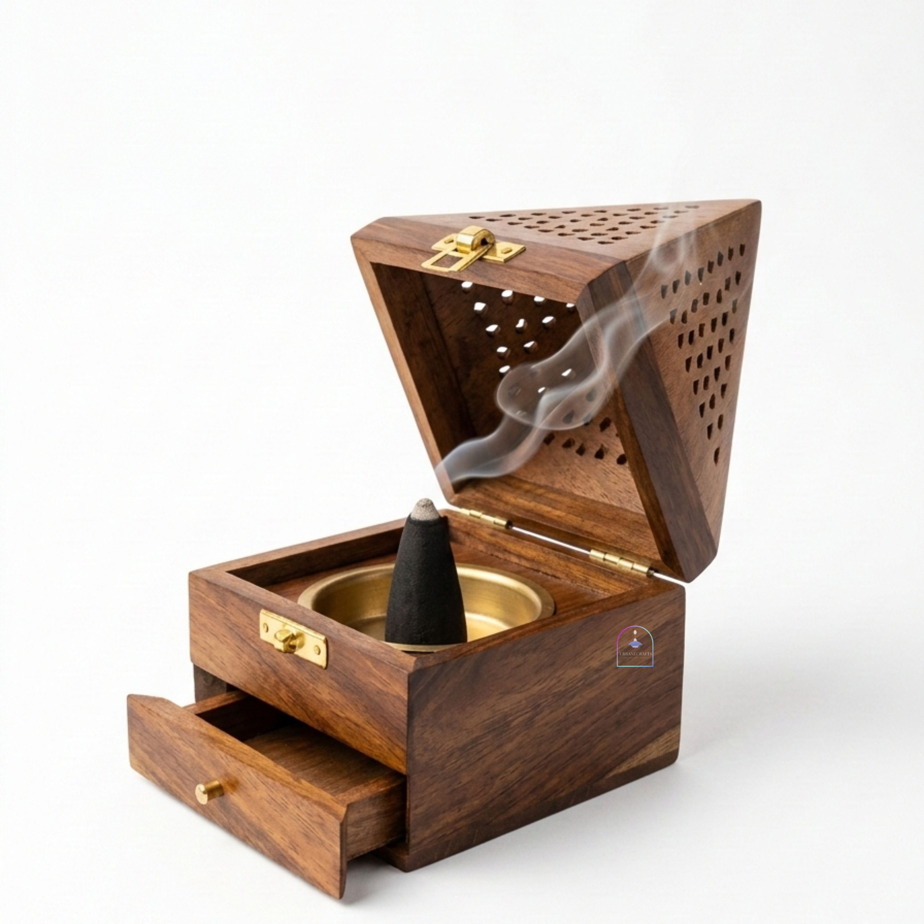 Handcrafted Sheesham Wood Pyramid Dhoop Box with Storage Drawer | 7-Inch Wooden Loban & Sambrani Burner Stand with Removable Brass Dish