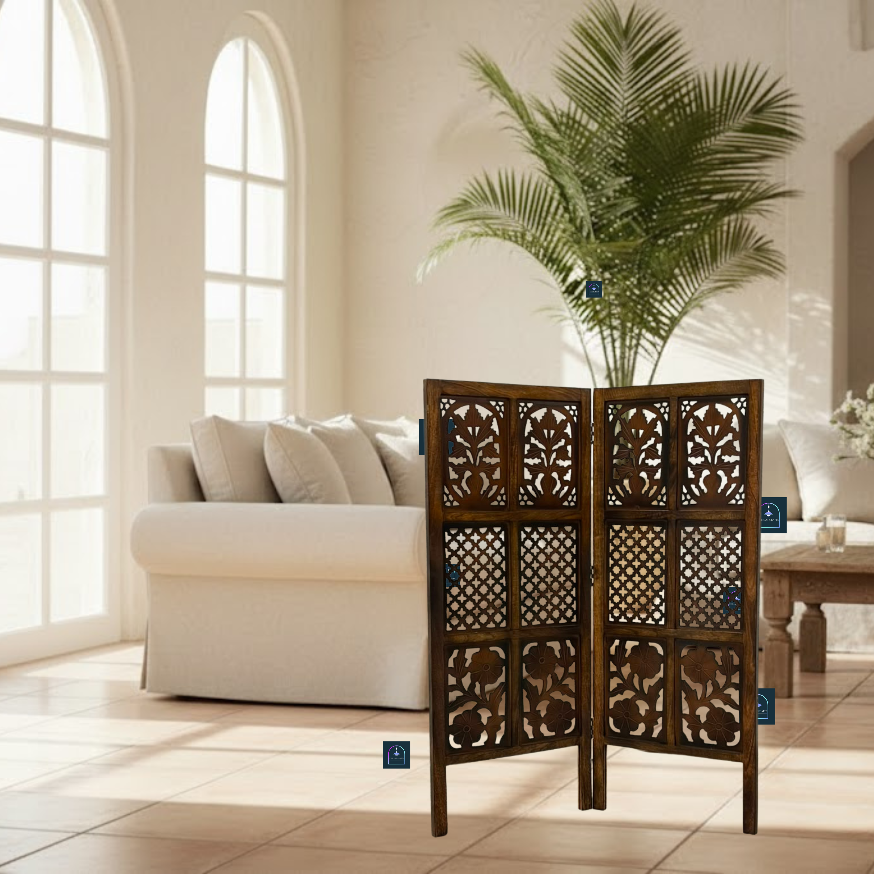 Urbane Crafts Handcrafted 2 Panel Wooden Room Divider (4 Ft Height) – Hand Carved Solid Wood Folding Partition Screen & Low Profile Room Separator for Living Room, Home Office & Compact Spaces