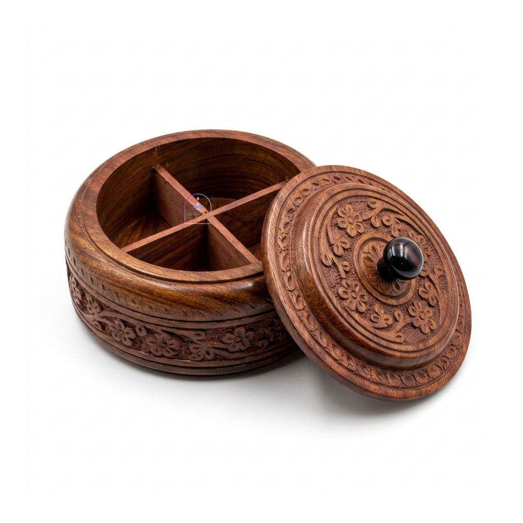 Handcrafted Rosewood Multi-Purpose Spice Box & Dry Fruit Container | 7-Inch Round Wooden Masala Dabba with 4 Removable Compartments & Intricate Floral Carvings