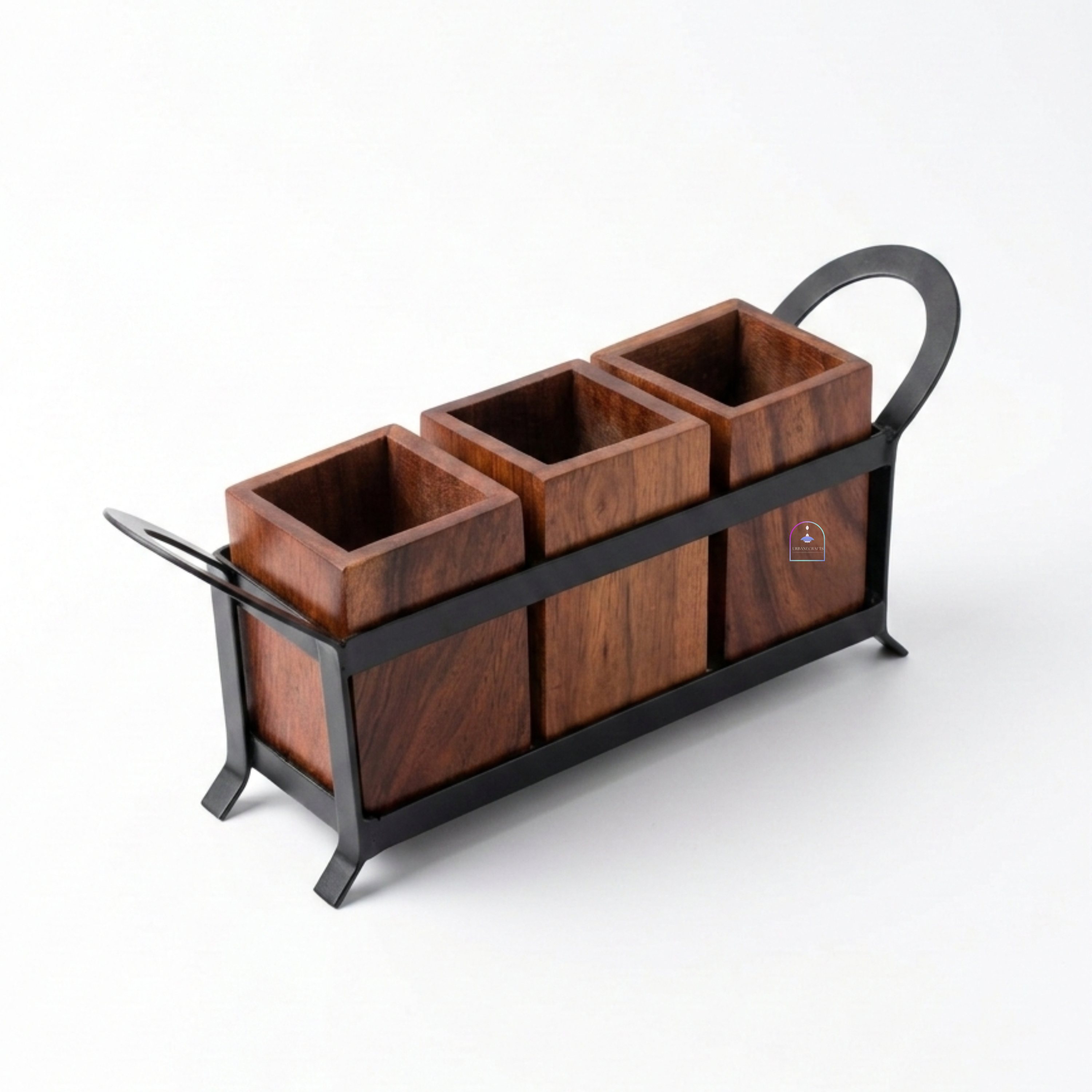 Handcrafted Rosewood and Wrought Iron 3-Canister Storage Set with Stand | 11-Inch Wooden Multi-Purpose Spice Box, Dry Fruit Container & Coffee Bar Station Organizer