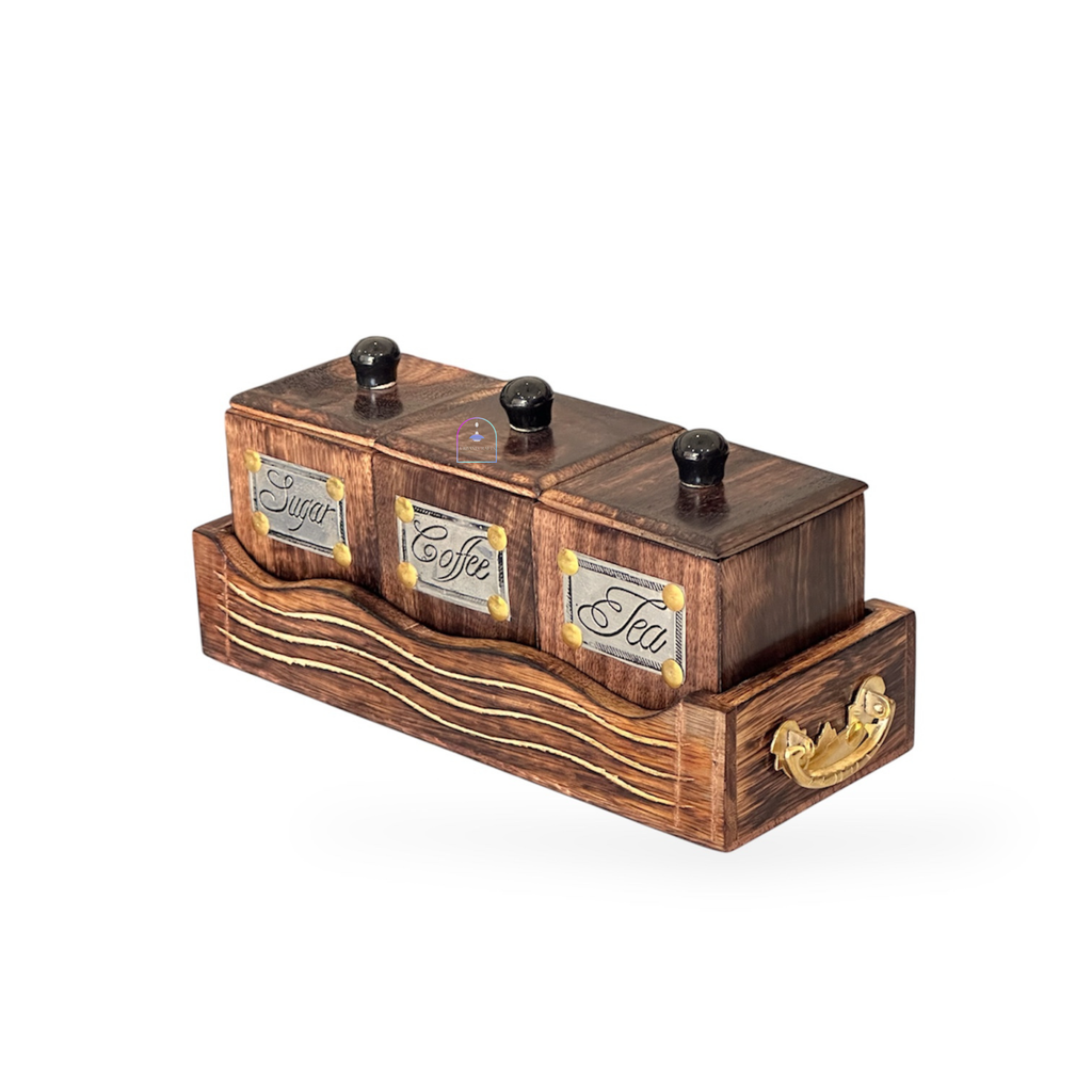 Handcrafted Rosewood Tea Coffee Sugar Container Set with Serving Tray | Rustic 3-Piece Wooden Kitchen Canister Set with Lids & Brass Labels | Vintage Coffee Bar & Kitchen Storage Organizer