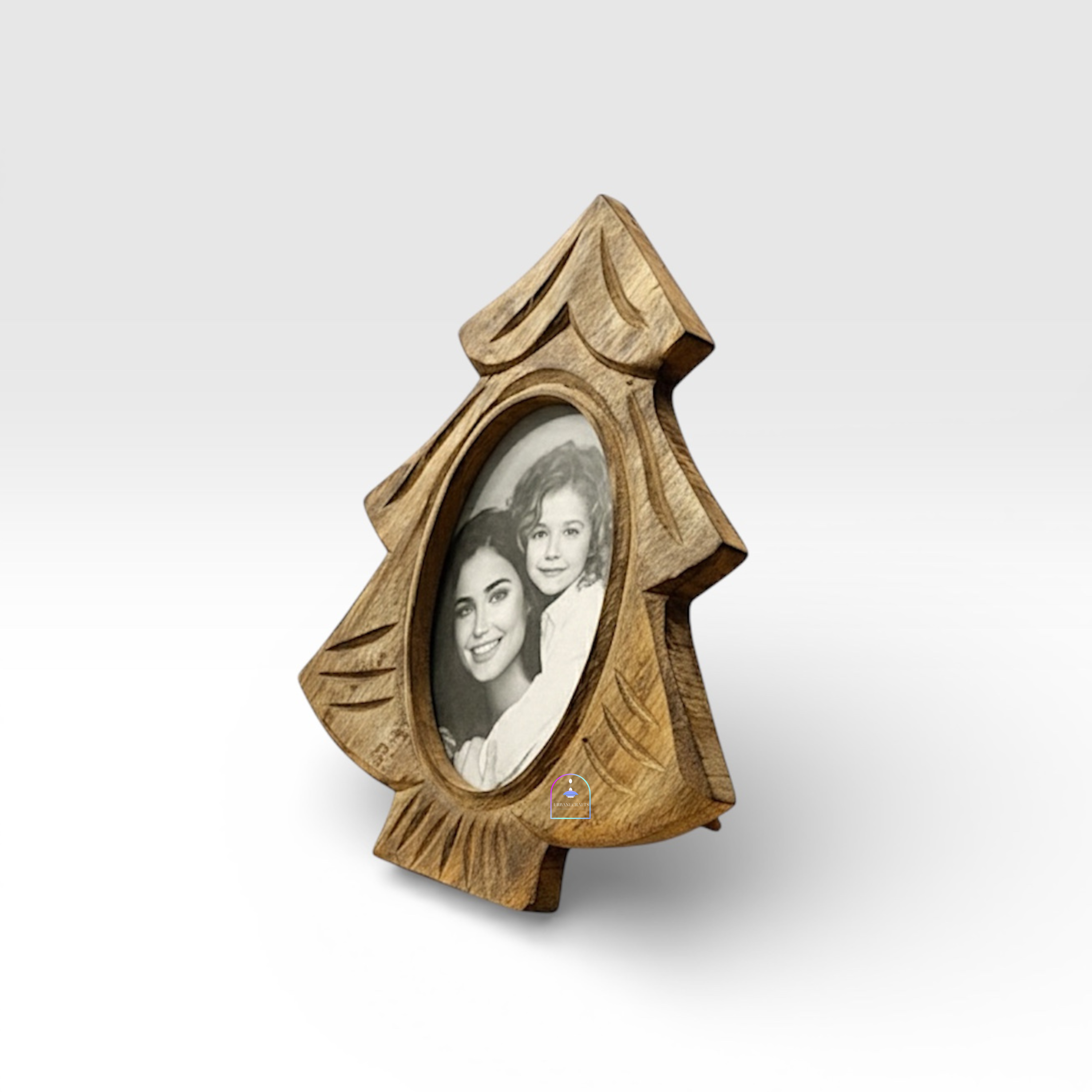 Handcrafted Mango Wood Tree-Shaped Photo Frame | Vintage Carved Pine Tree Picture Frame Tabletop Accent with Backstand | Rustic Holiday & Silhouette Home Decor