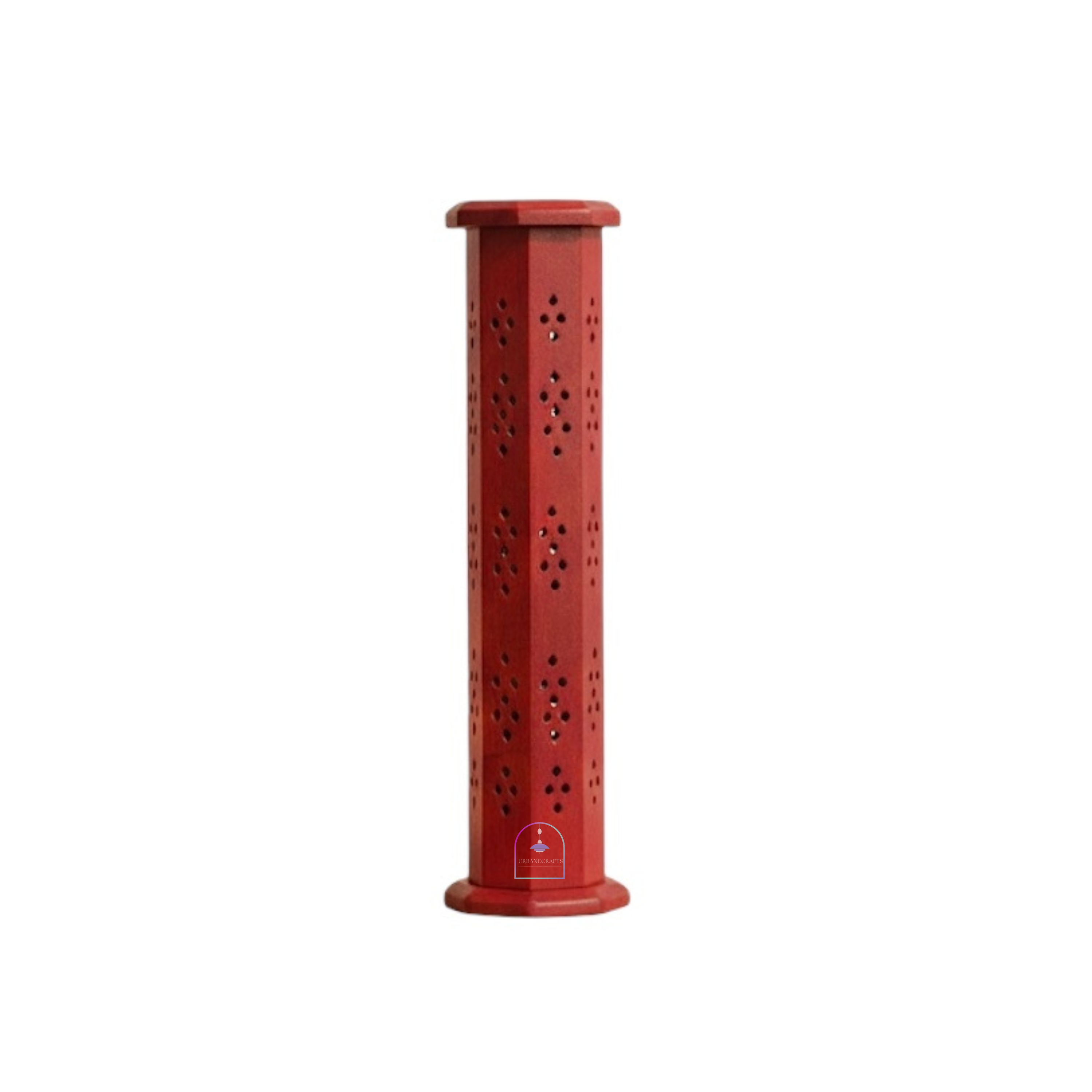 Urbane Crafts Handcrafted Mango Wood Hexagonal Tower Incense Burner & Agarbatti Holder | 12-Inch Red Finish Wooden Dhoop & Incense Stick Stand