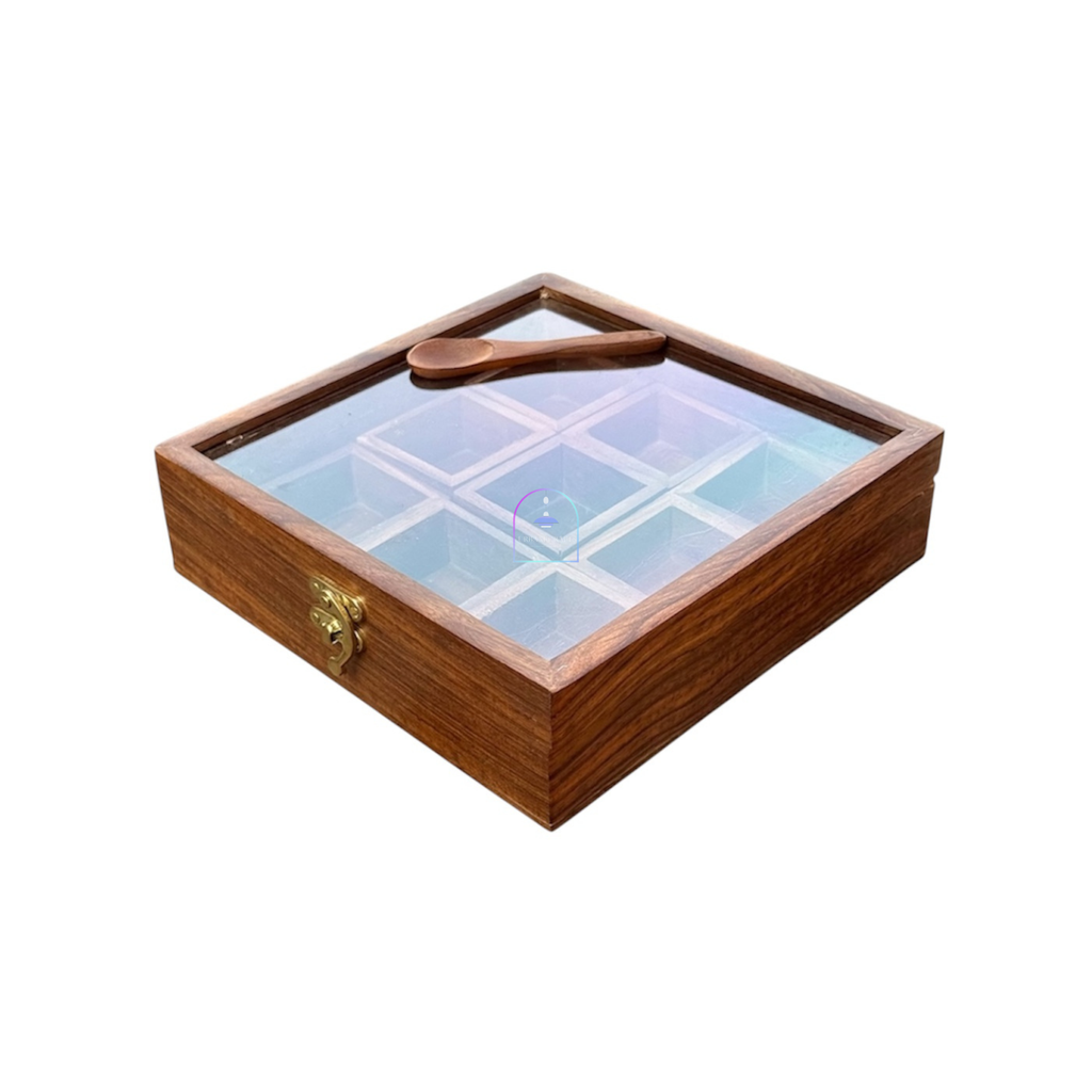 Handcrafted Rosewood Square Spice Box with Glass Lid & Wooden Spoon | 8x8 Inch Indian Masala Dabba with 9 Removable Compartments | Multi-Purpose Dry Fruit & Kitchen Storage Container