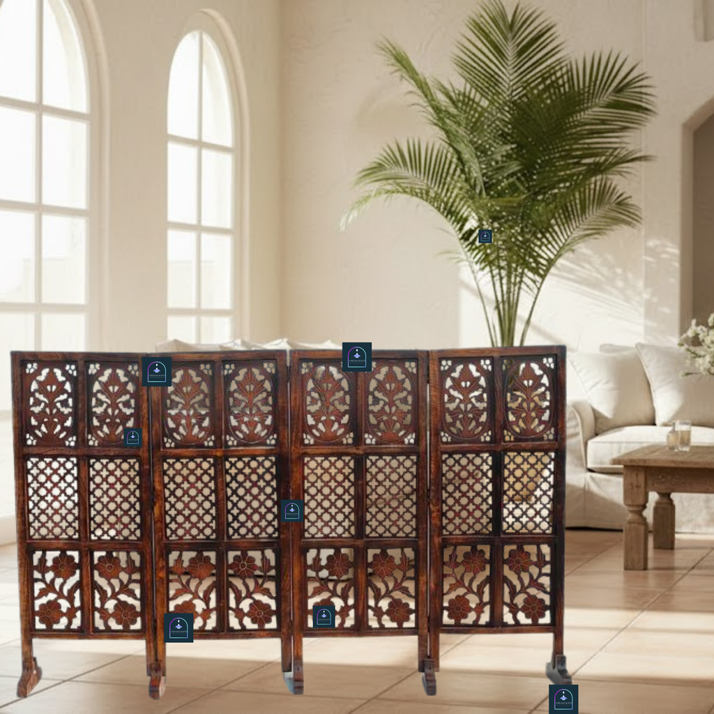 Urbane Crafts Handcrafted 4 Panel Wooden Room Divider (4 Ft Height) – Hand Carved Solid Wood Folding Partition Screen & Low Profile Room Separator for Living Room, Home Office & Bedroom