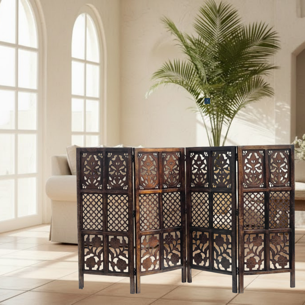 Urbane Crafts Handcrafted 4 Panel Wooden Room Divider (4 Ft Height) – Hand Carved Solid Wood Folding Partition Screen & Low Profile Room Separator for Living Room, Home Office & Bedroom