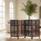 Urbane Crafts Handcrafted 4 Panel Wooden Room Divider (4 Ft Height) – Hand Carved Solid Wood Folding Partition Screen & Low Profile Room Separator for Living Room, Home Office & Bedroom