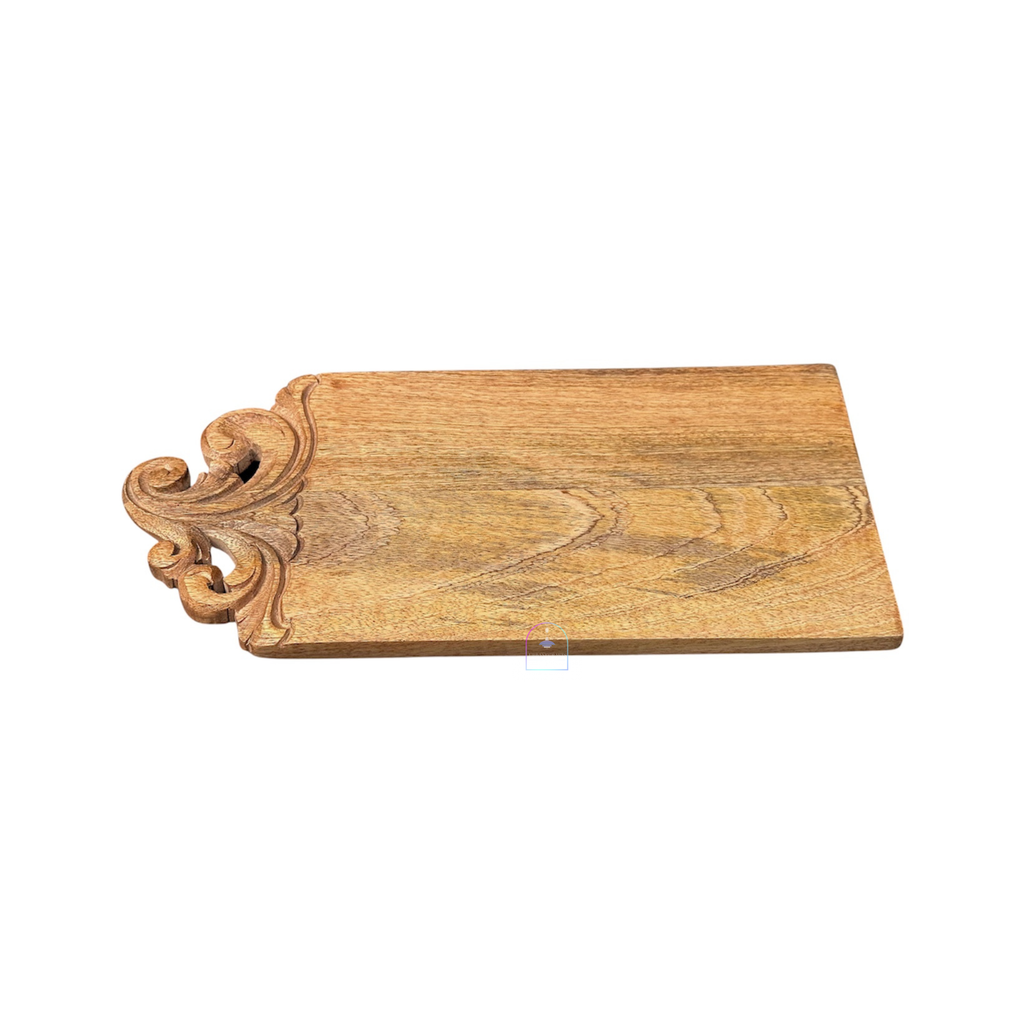 Handcrafted Mango Wood Baroque Carved Chopping Board | 16x8 Inch Luxury Vintage Wooden Cheese Board & Elegant Charcuterie Serving Platter with Ornate Handle