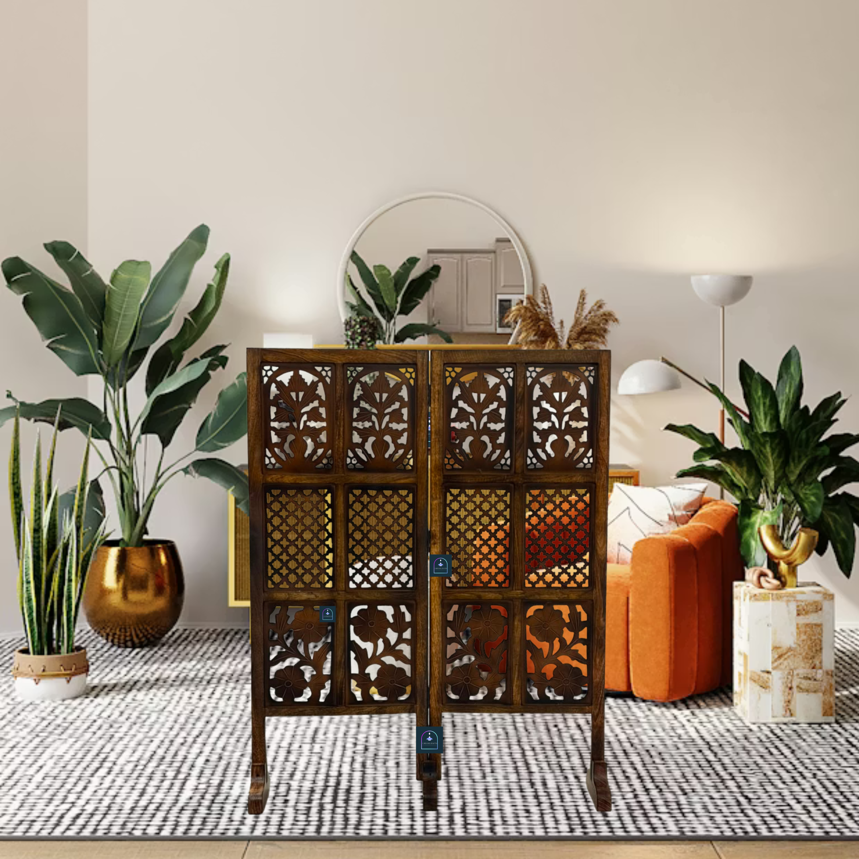 Urbane Crafts Handcrafted 2 Panel Wooden Room Divider (4 Ft Height) – Hand Carved Solid Wood Folding Partition Screen & Low Profile Room Separator for Living Room, Home Office & Compact Spaces