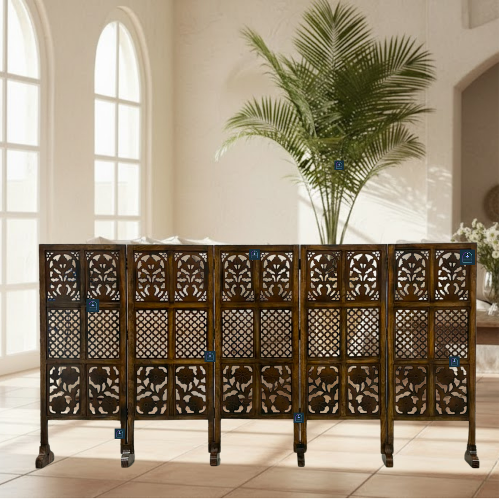 Urbane Crafts Handcrafted 5 Panel Wooden Room Divider (4 Ft Height) – Hand Carved Solid Wood Folding Partition Screen & Low Profile Room Separator for Living Room, Home Office & Bedroom