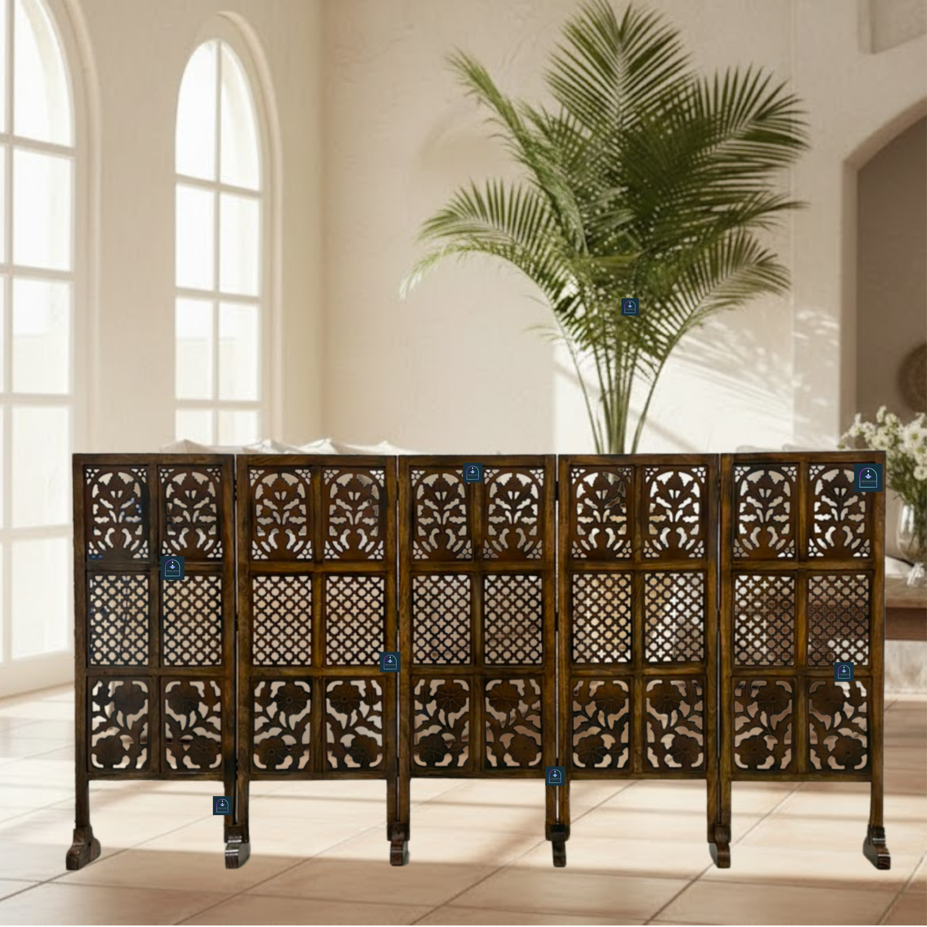 Urbane Crafts Handcrafted 5 Panel Wooden Room Divider (4 Ft Height) – Hand Carved Solid Wood Folding Partition Screen & Low Profile Room Separator for Living Room, Home Office & Bedroom