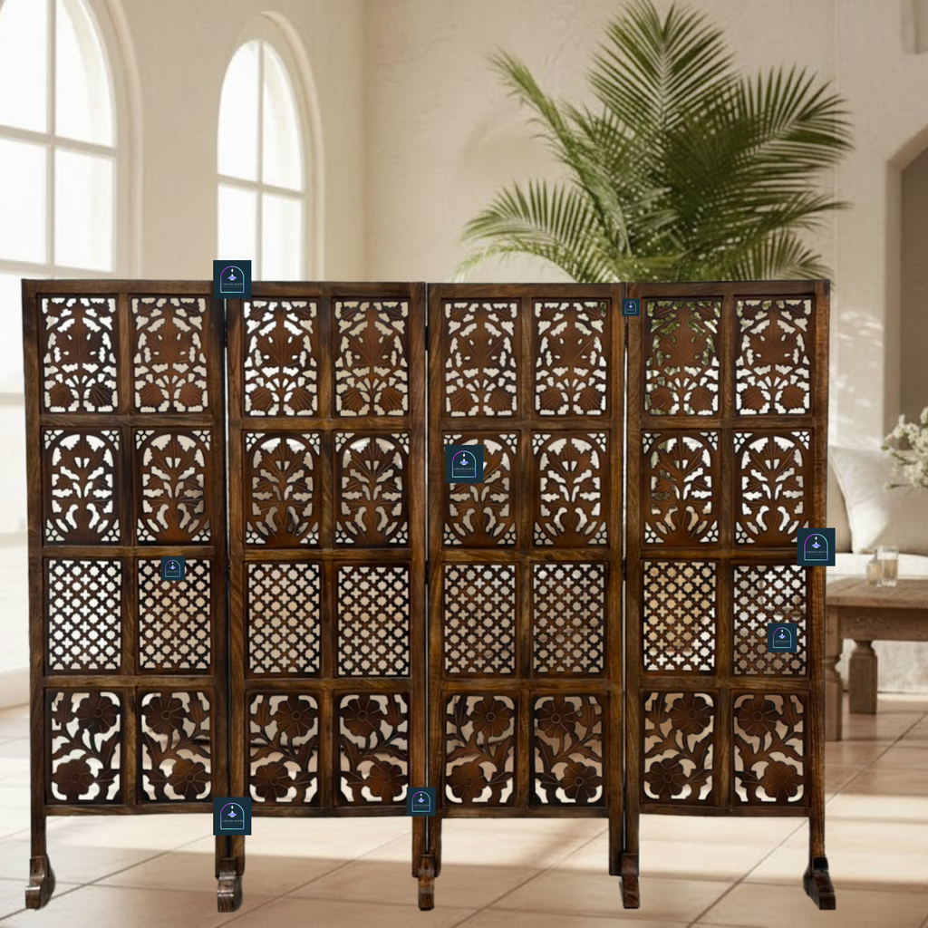 Urbane Crafts Handcrafted 4 Panel Wooden Room Divider (5 Ft Height) – Hand Carved Solid Wood Folding Partition Screen with Support Feet & Privacy Room Separator for Living Room, Home Office & Bedroom