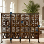 Urbane Crafts Handcrafted 4 Panel Wooden Room Divider (5 Ft Height) – Hand Carved Solid Wood Folding Partition Screen with Support Feet & Privacy Room Separator for Living Room, Home Office & Bedroom