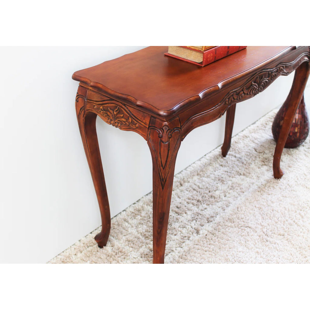 Urbane Crafts Vintage Handcrafted Solid Wood Console Table for Entryway & Living Room – Classic Carved Accent Sofa Table with Curved Legs