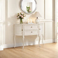 Urbane Crafts Antique White Solid Teak Wood Demilune Console Table – French Country Half-Moon Entryway Cabinet with Drawers and Carved Cabriole Legs