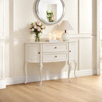 Urbane Crafts Antique White Solid Teak Wood Demilune Console Table – French Country Half-Moon Entryway Cabinet with Drawers and Carved Cabriole Legs