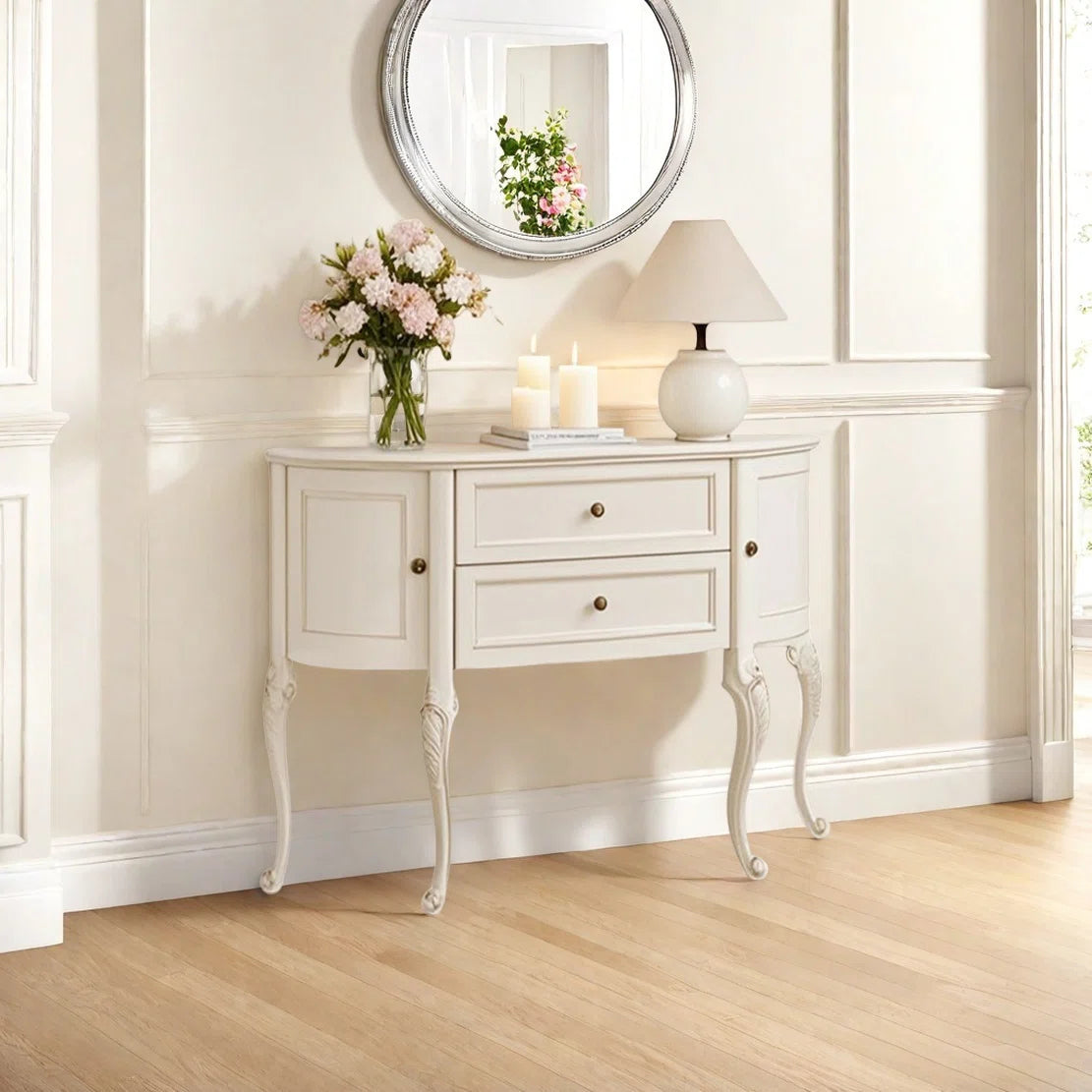 Urbane Crafts Antique White Solid Teak Wood Demilune Console Table – French Country Half-Moon Entryway Cabinet with Drawers and Carved Cabriole Legs