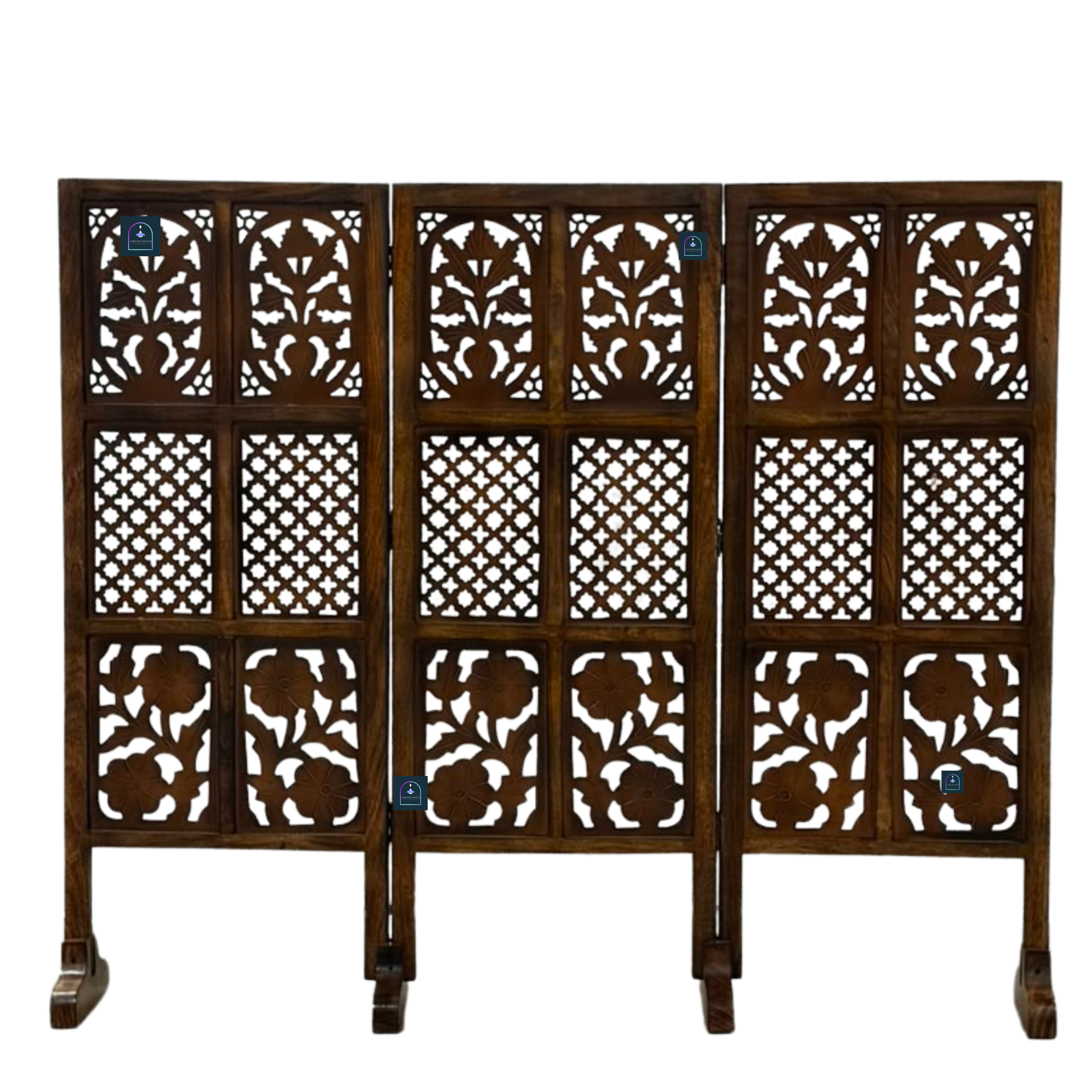 Urbane Crafts Handcrafted 3 Panel Wooden Room Divider (4 Ft Height) – Hand Carved Solid Wood Folding Partition Screen & Low Profile Room Separator for Living Room, Home Office & Bedroom
